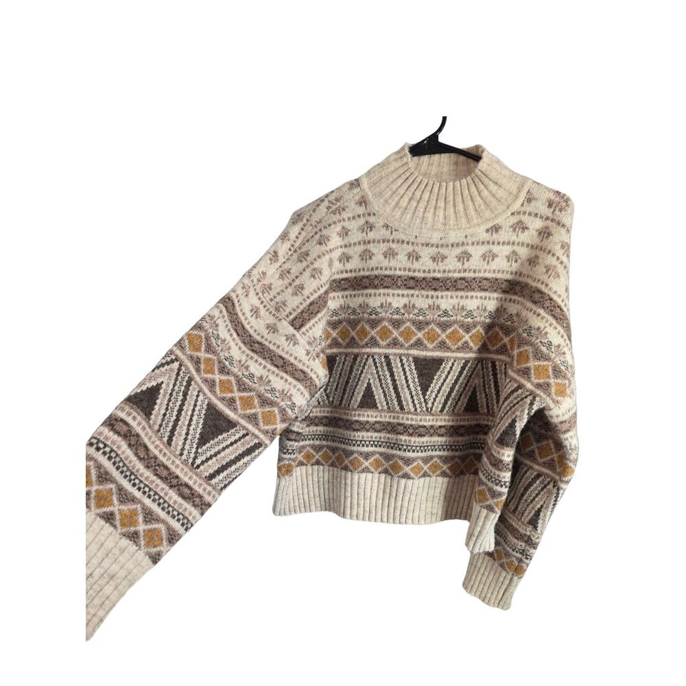 Marled Reunited Clothing Fair Isle Geometric Mock Neck Sweater L Cream Boho